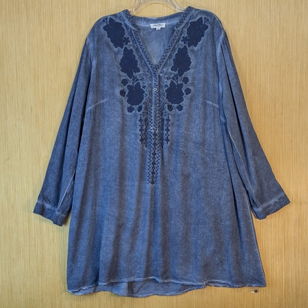 Angel Heart Boutique Boho Western Blue Embroidered Mini Dress Womens 2X Roll Tab